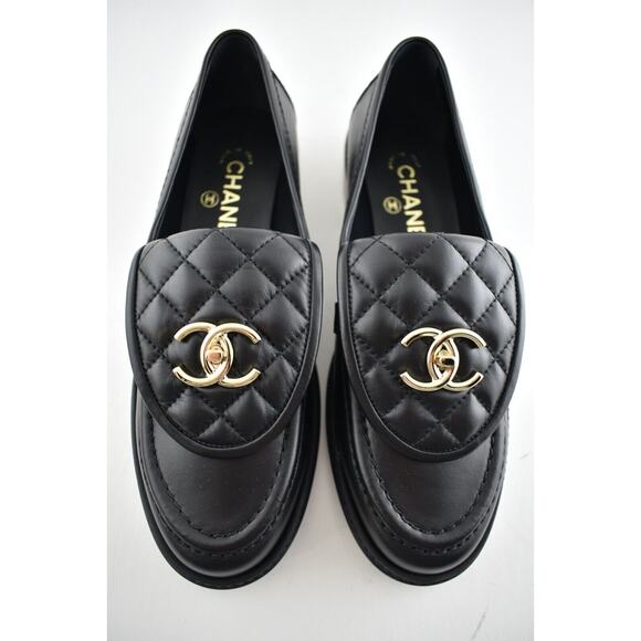 Chanel REV Black Quilted Flap Turnlock CC Logo Gold Mule Slip On Flat Loafer 37 - Picture 1 of 12